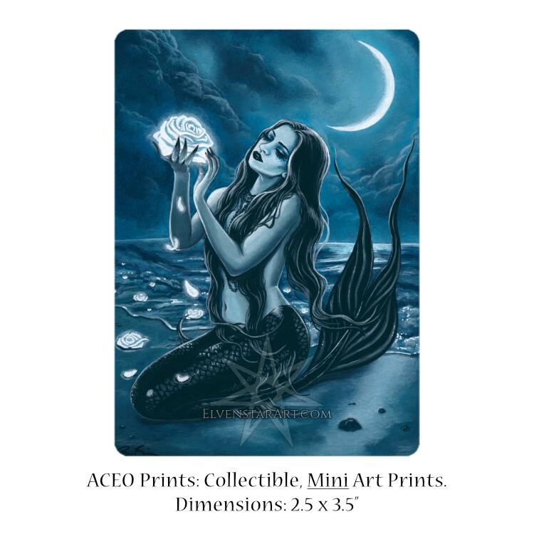 Mermaid Art ACEO PRINT Gothic Fantasy Magical Moon Glow Sea Blue Rose dark night