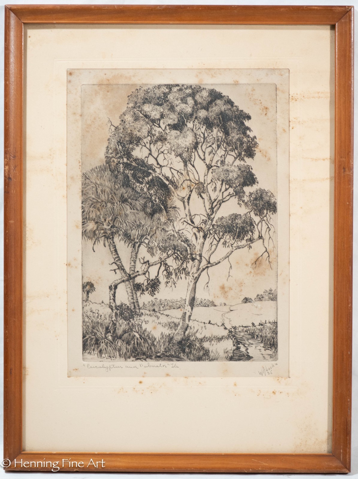 Antique Walter Locke Etching Florida Landscape Eucalyptus & Palmetto 1935 19×14″