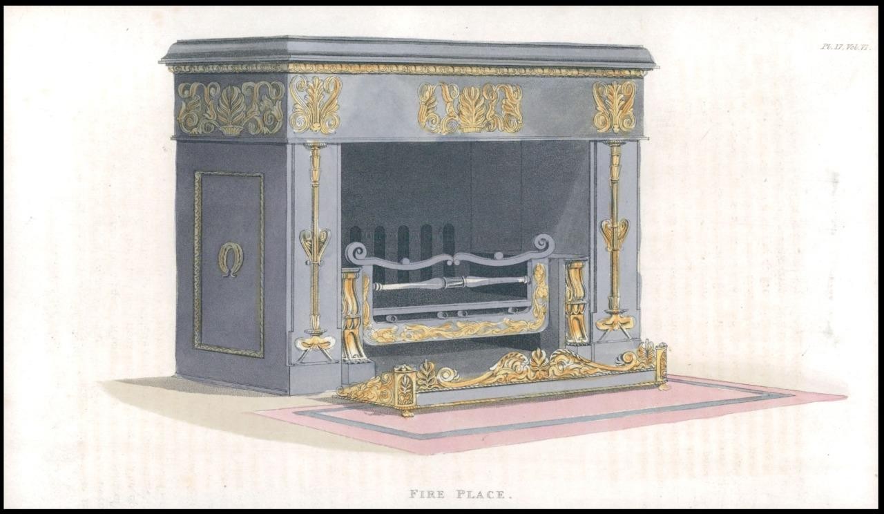 c1820s Antique Aquatint FASHIONABLE FURNITURE Fire Place by Ackermann (AF15)