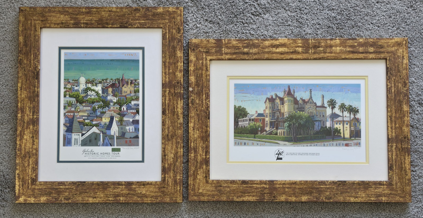 Lot of 2 Rene Wiley Framed Galveston Texas Historic Homes Tour LE Art Prints