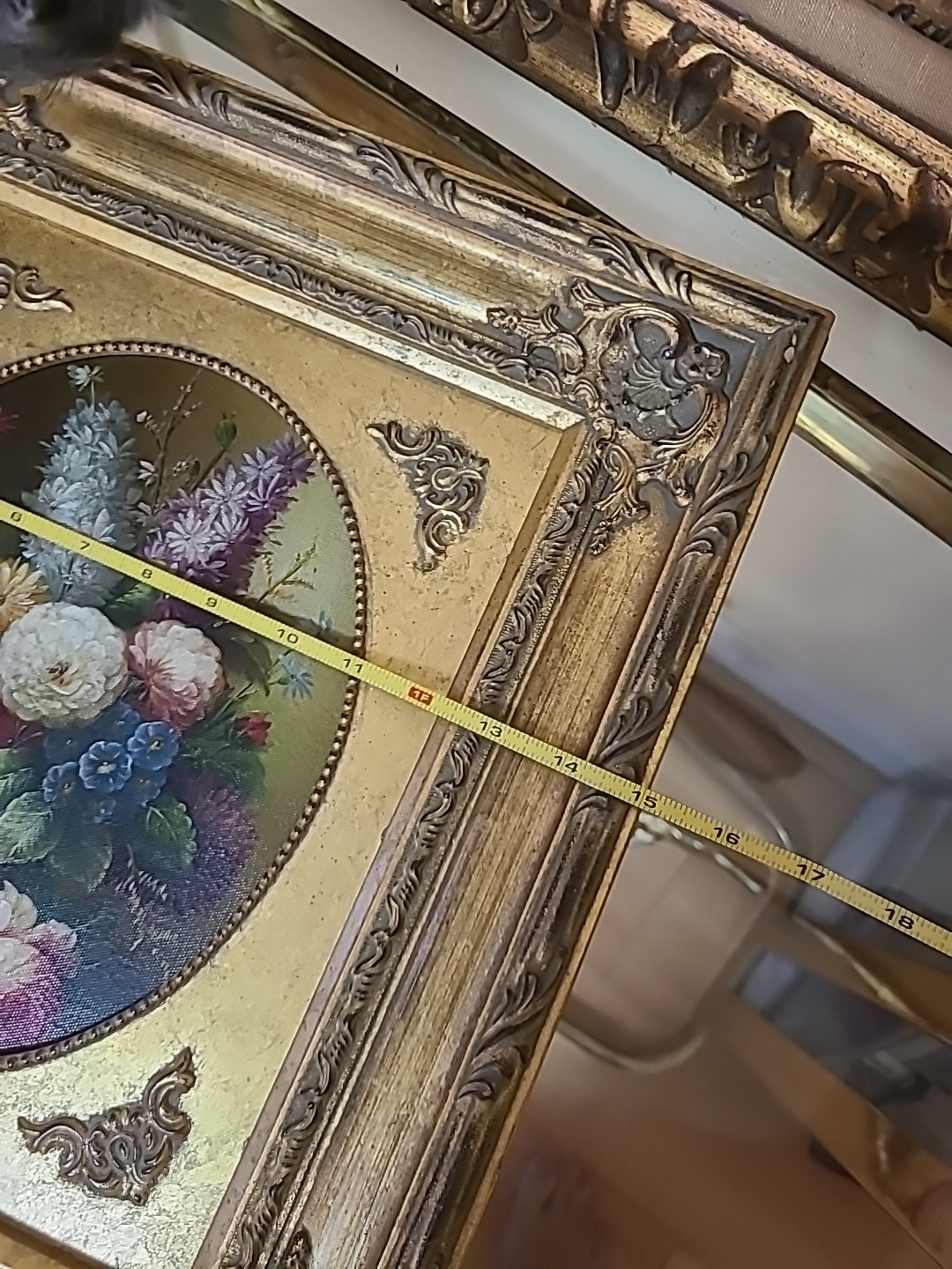 Vintage Style Floral Print Painting In Beautiful Golden Frame 15″ X 17″.