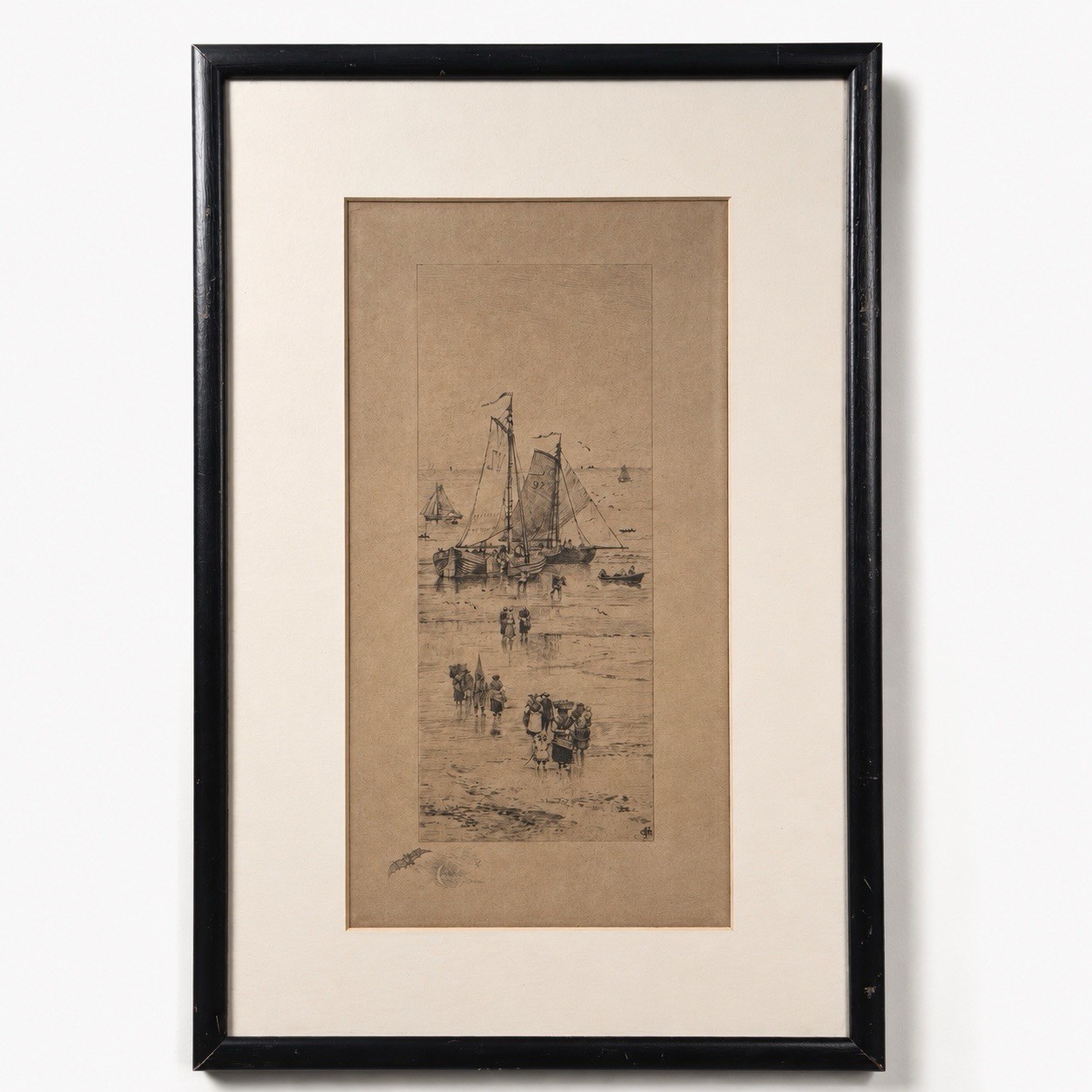 Antique Maritime Etching Print Dutch Fishing Boats Coastal Scene