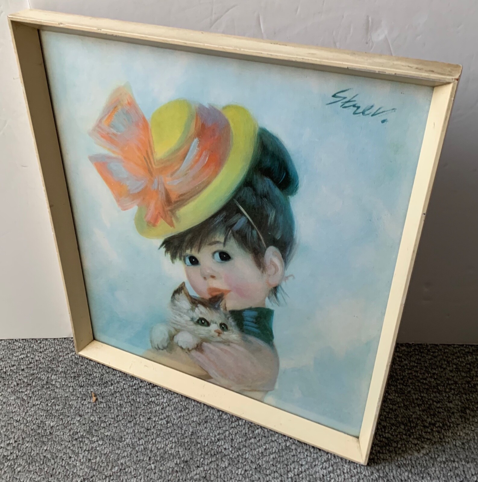 VINTAGE STREV MID CENTURY FRAMED PRINT HARRIET 1960’S JOHN STREVENS GIRL CAT HAT
