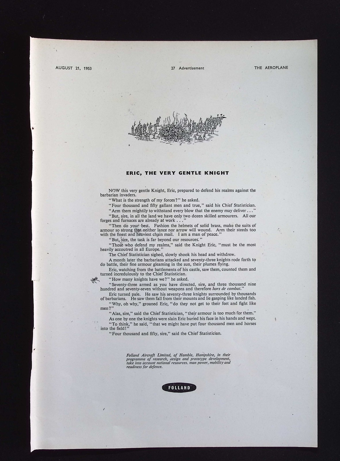 Original 1953 Advert Folland Aircraft Limited Eric the Very Gentle Knight
