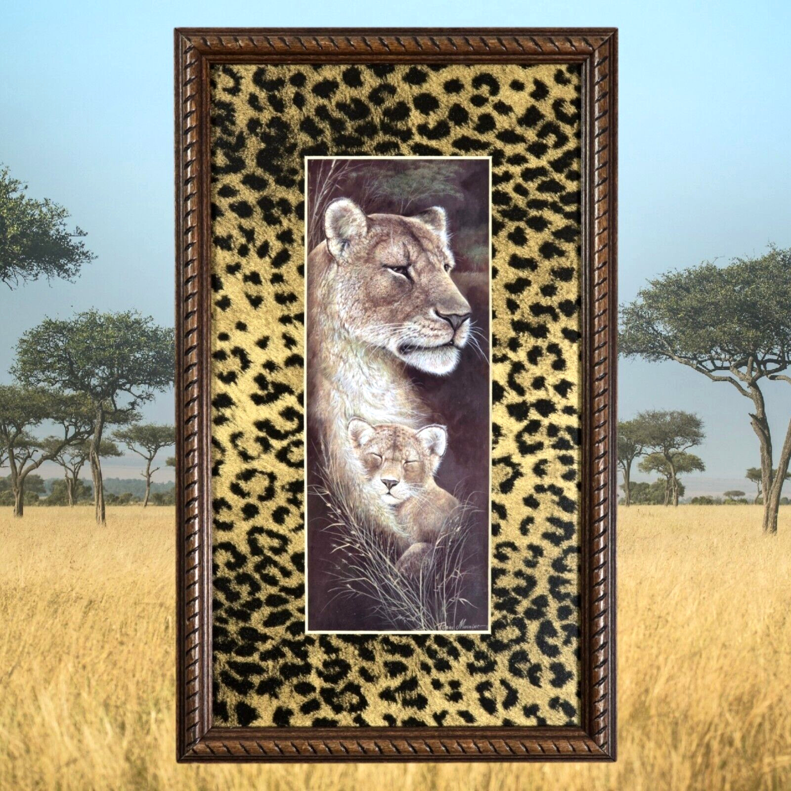 Vtg Ruane Manning Print, Lion and Cub, “Proud Mother” Matted Framed, 9×15 inches