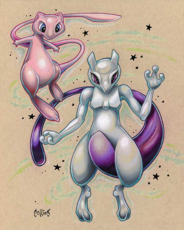 Mew Mewtwo Pikachu basic Pokemon drawing pop wall art Print game Nintendo SIGNED
