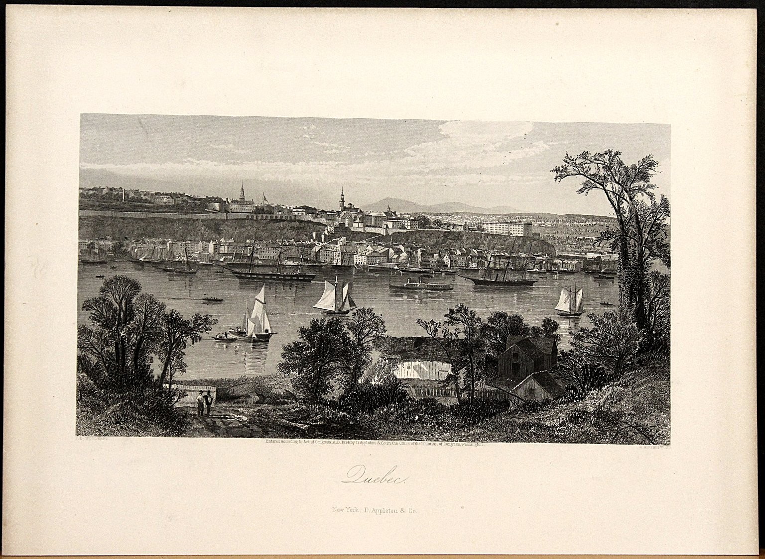 Vintage Quebec City Harbor Ant. Engraving Picturesque America D. Appleton 1872