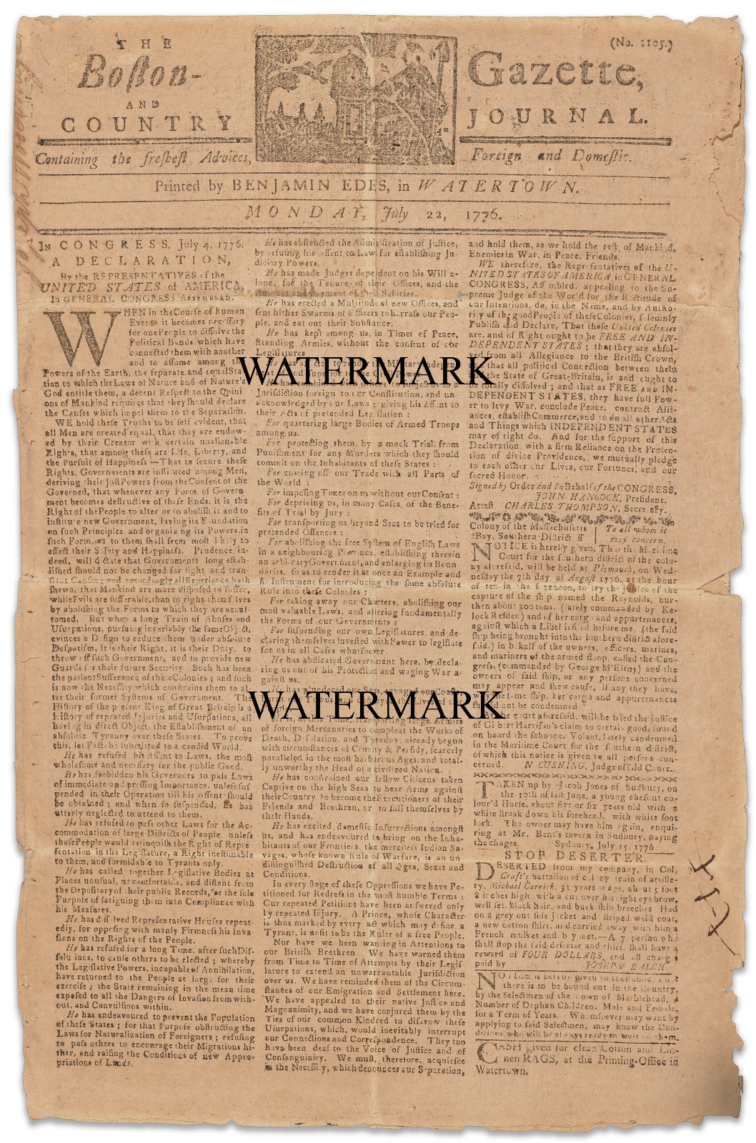 Boston Gazette printing 1776 Declaration of Independence 13×19″ REPRODUCTION