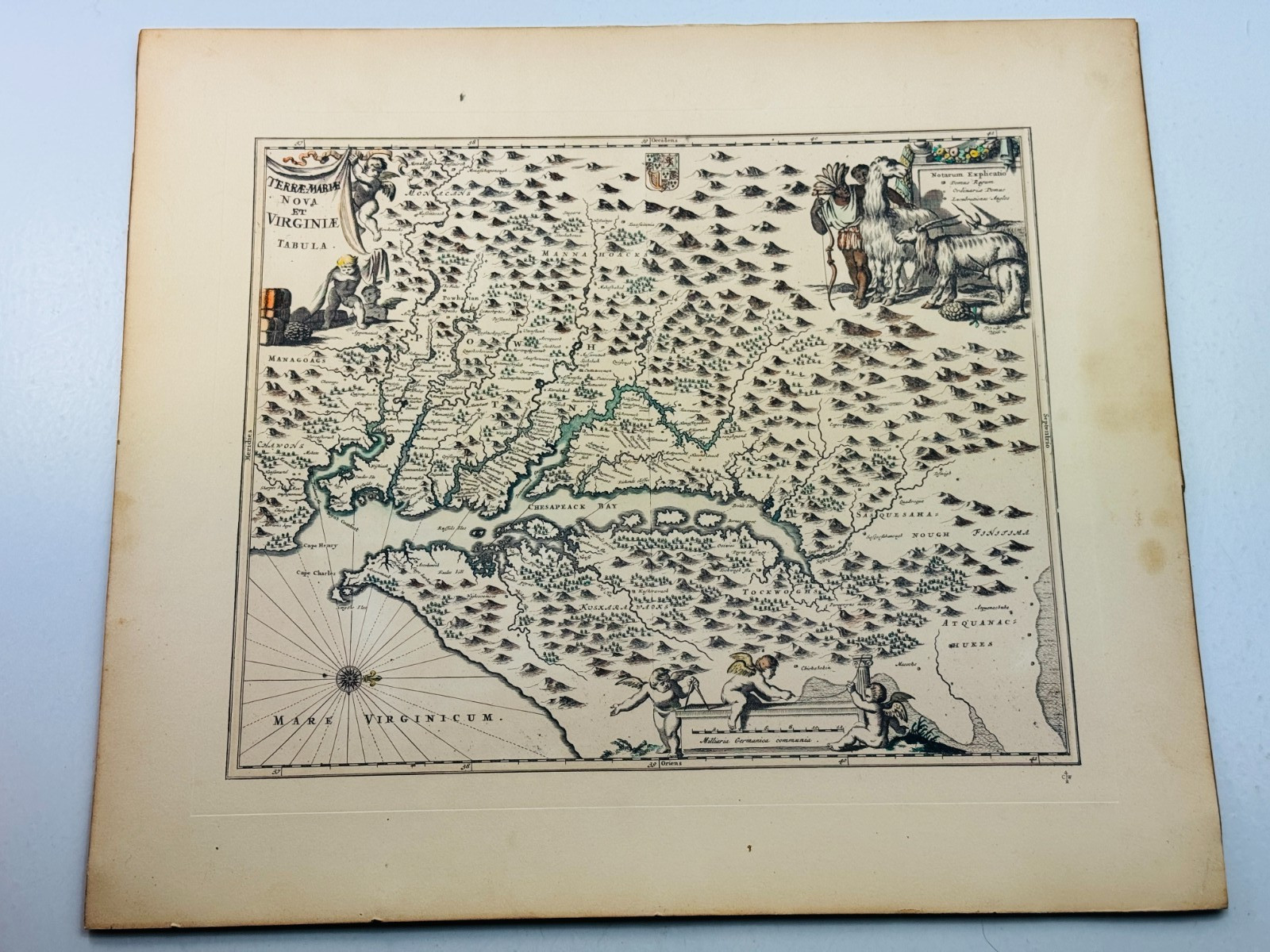 Antique Hand-Tinted Virginia Map Terre Marie Et Tabula Etching 18″x15.75″ Flat