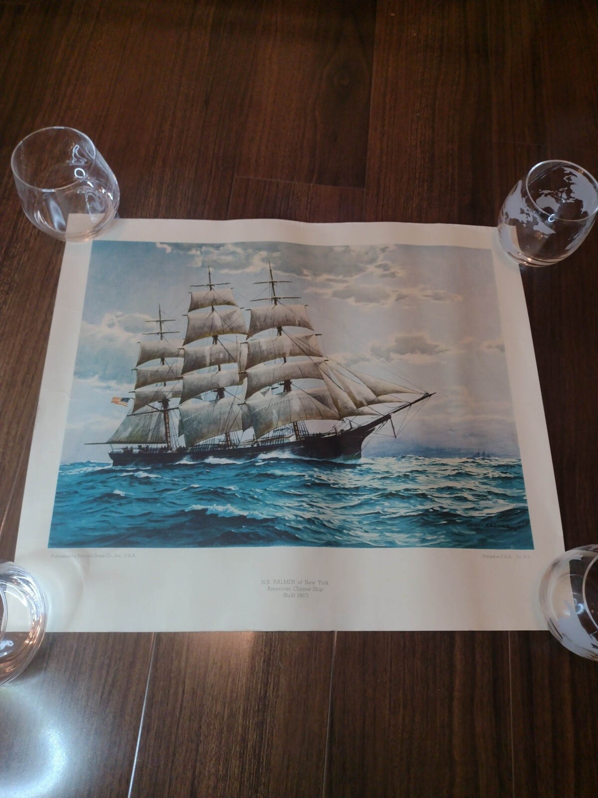Vtg Edward Gross Co Sailing Ship Lithograph Print NB Palmer New York Clipper B3