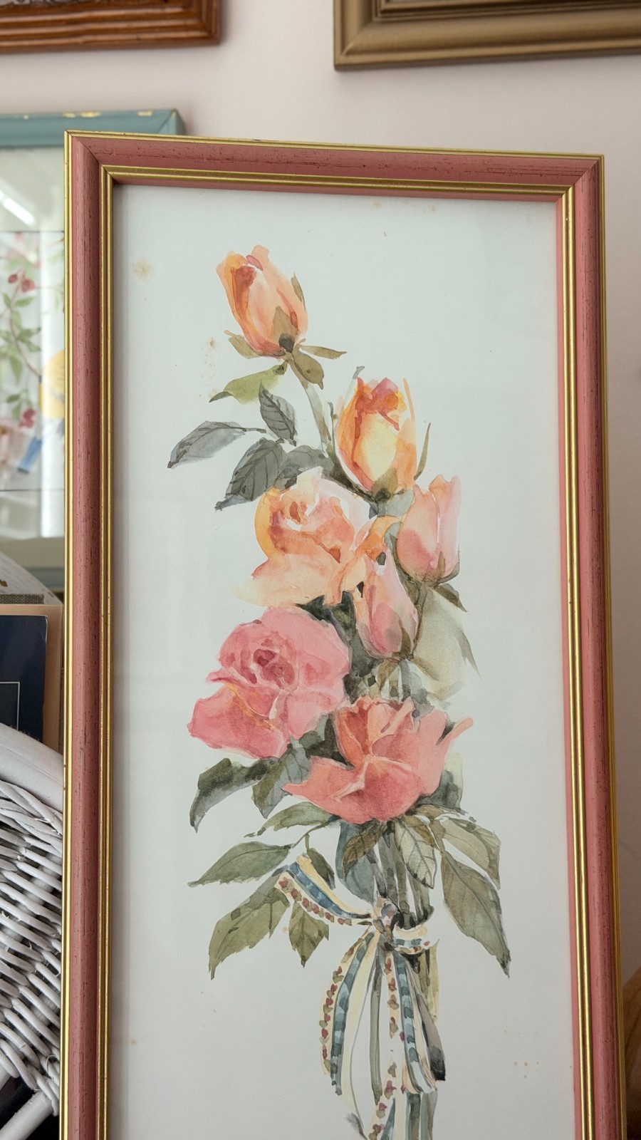 Vintage Framed Pink Roses Water Color Print Rosalind Oesterle, Vintage Decor