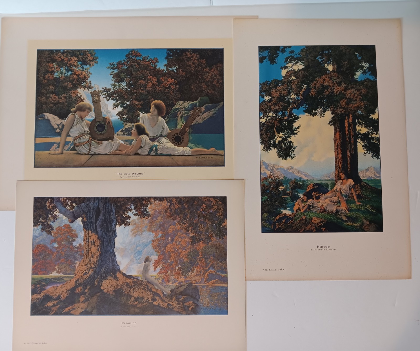 Vintage Maxfield Parrish Art Print Lithographs Dreaming, Hilltop, Lute Player