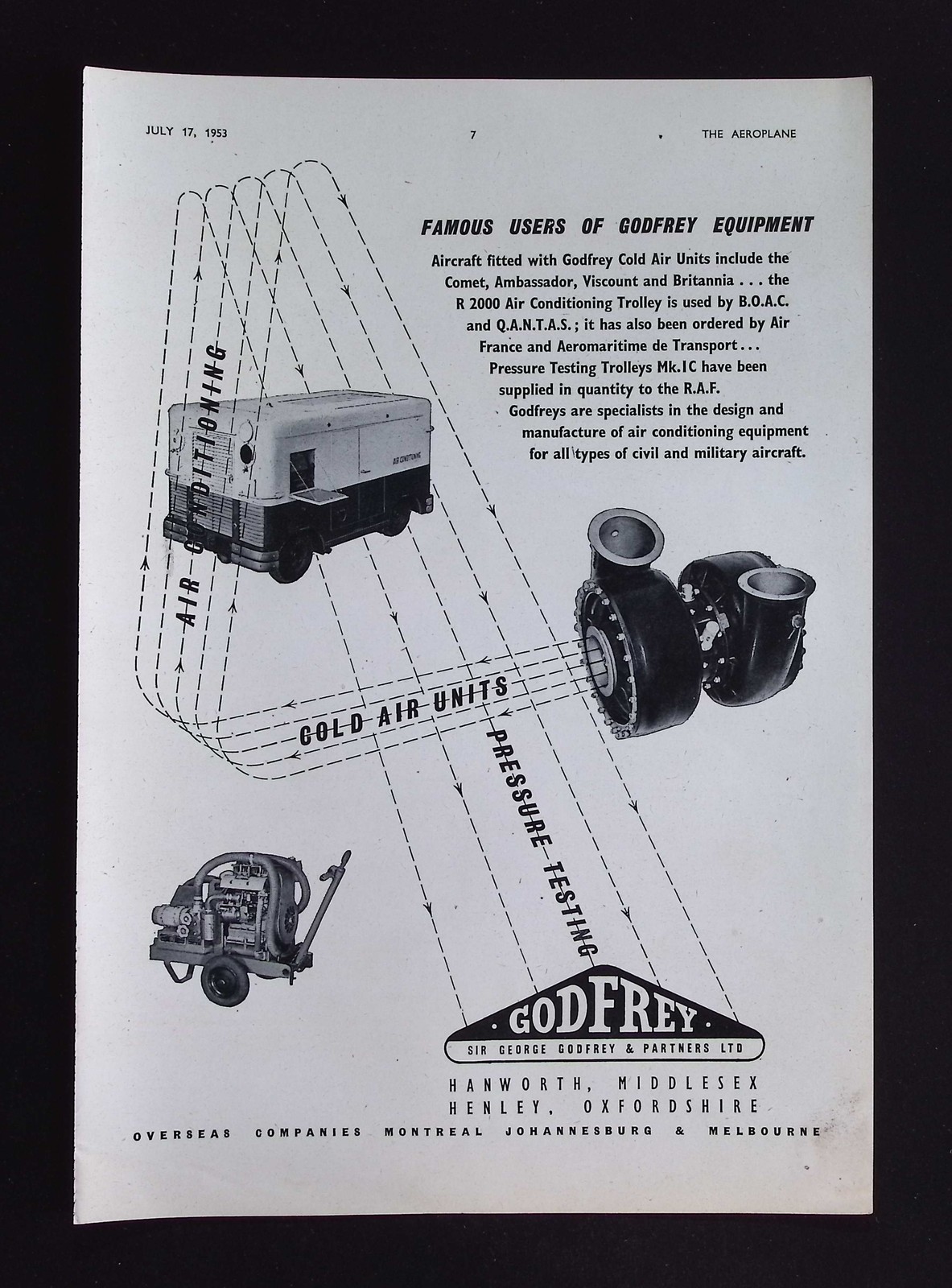 Original 1953 Advert Godfrey Aviation Air Conditioning Equipment