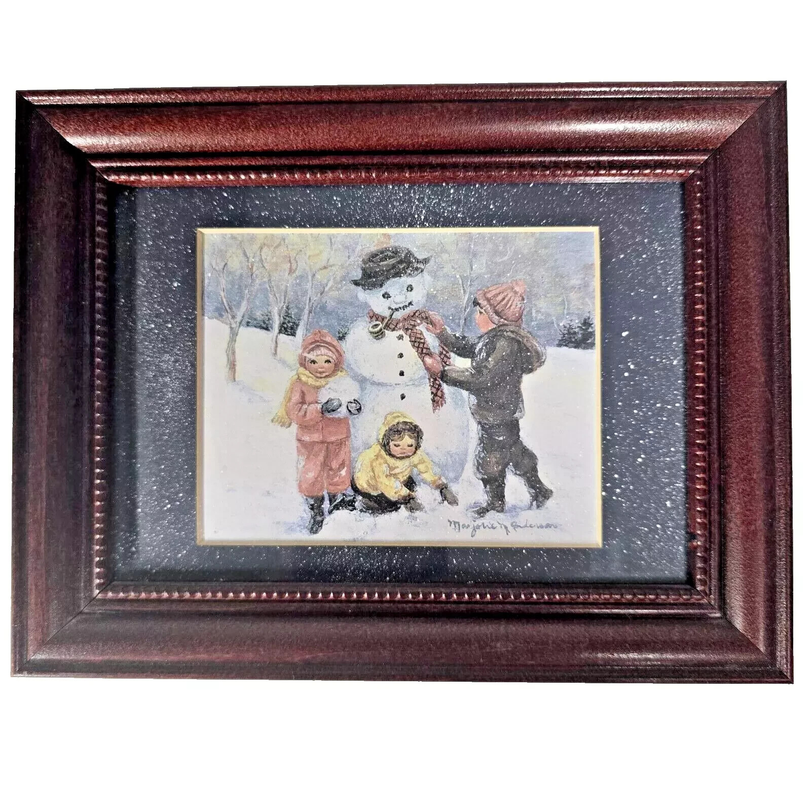 Majorie M Anderson Framed Print Professional Winter Snowman Children 8.5″ In Vtg