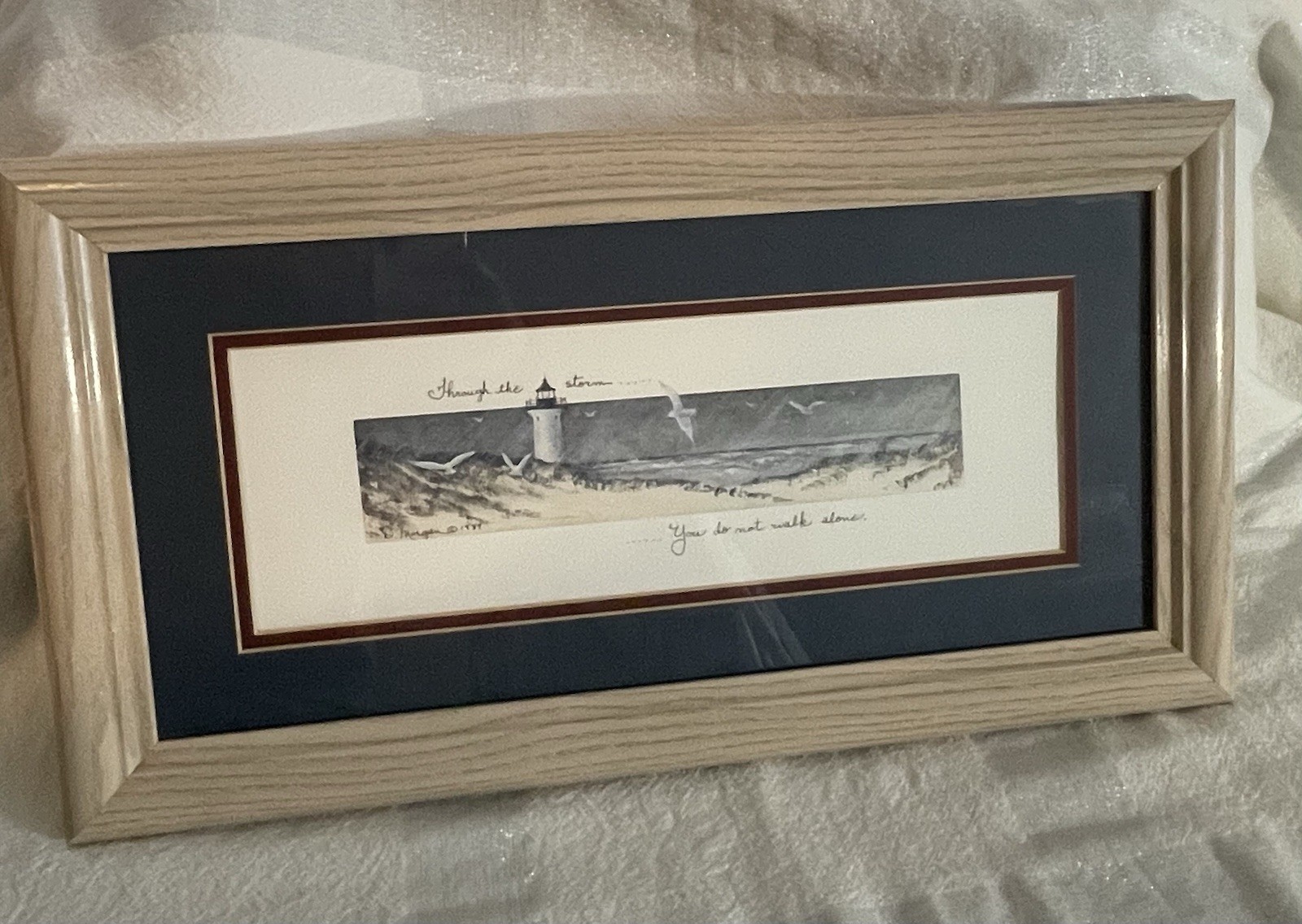 D. Morgan Framed Matted 1987, “Through The Storm”, Lighthouse Signed 10.5×19.5”