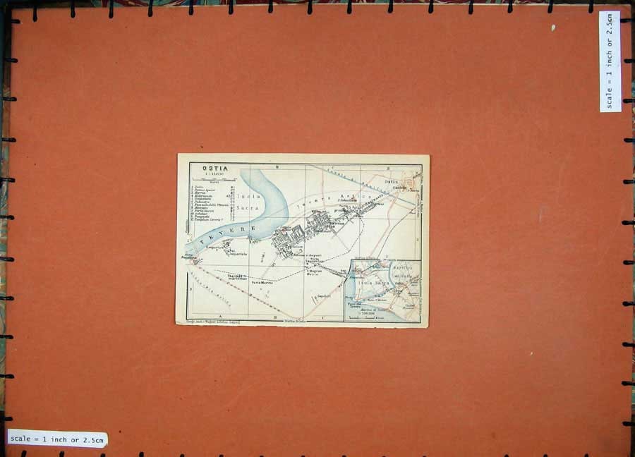Original Old Vintage Print 1930 Colour Map Italy Street Plan Ostia Isola Sacra