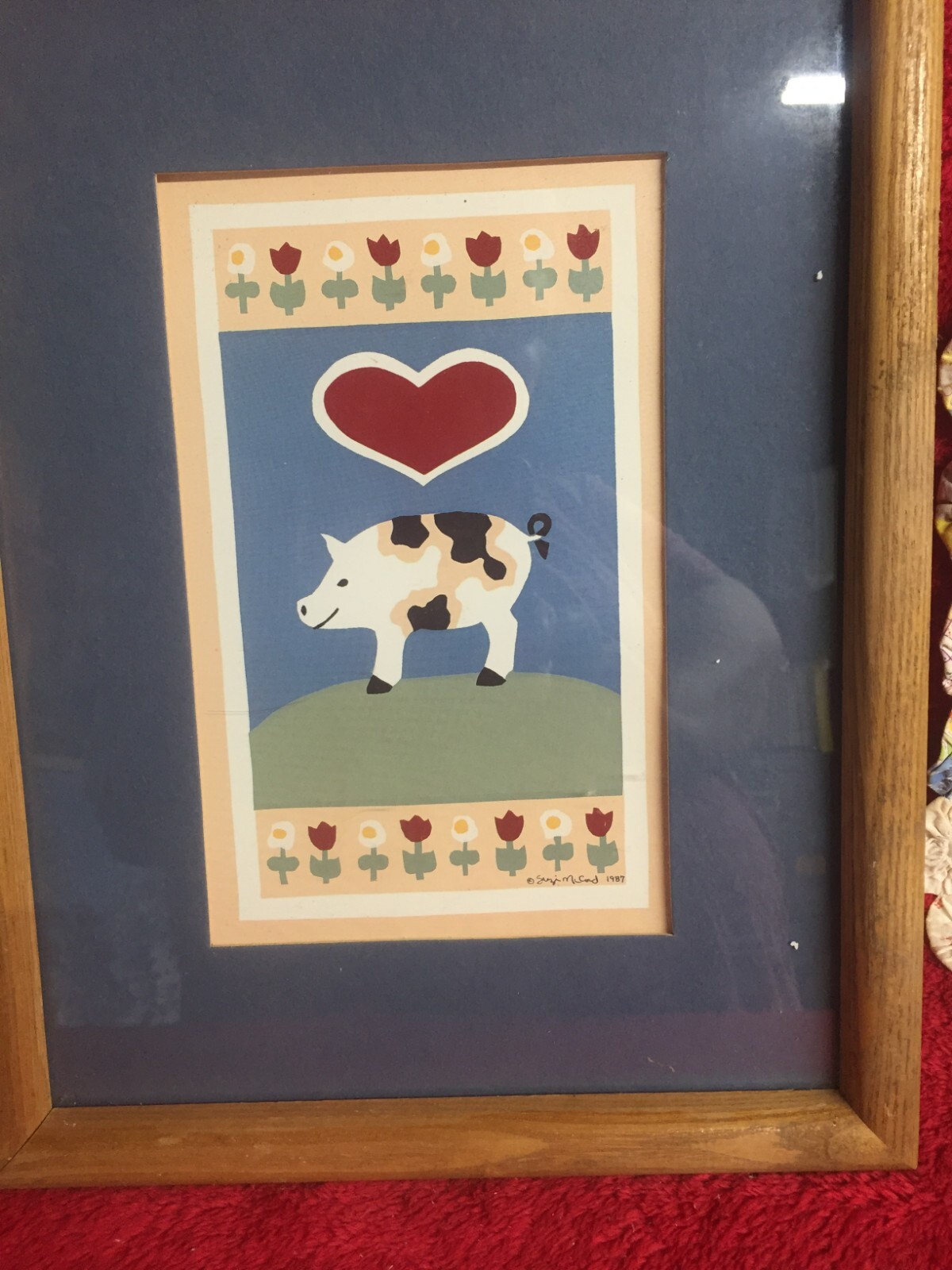 Vtg Country Pig Print in Frame with Glass & Mat Heart & Floral Design