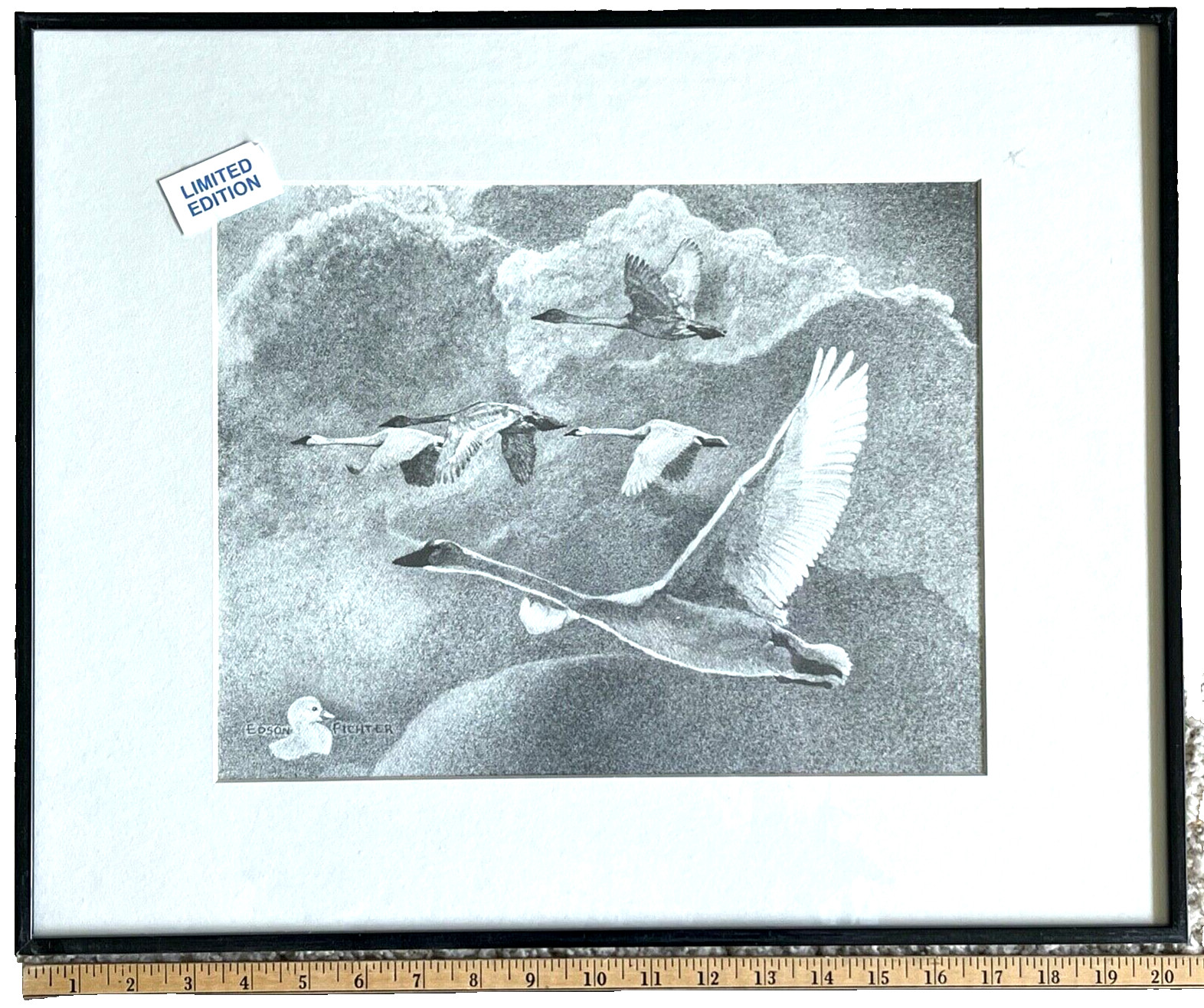 Art Print by Edson Fichter FLYING GEESE AMONG CLOUDS Matted & Framed 16″x20″