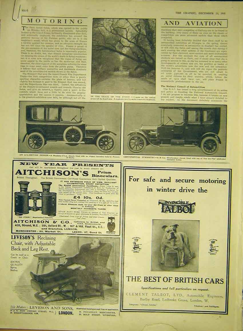 Original Old Antique Print Motor Car Argyll Maudslay Talbot Morgan Pullman 1911