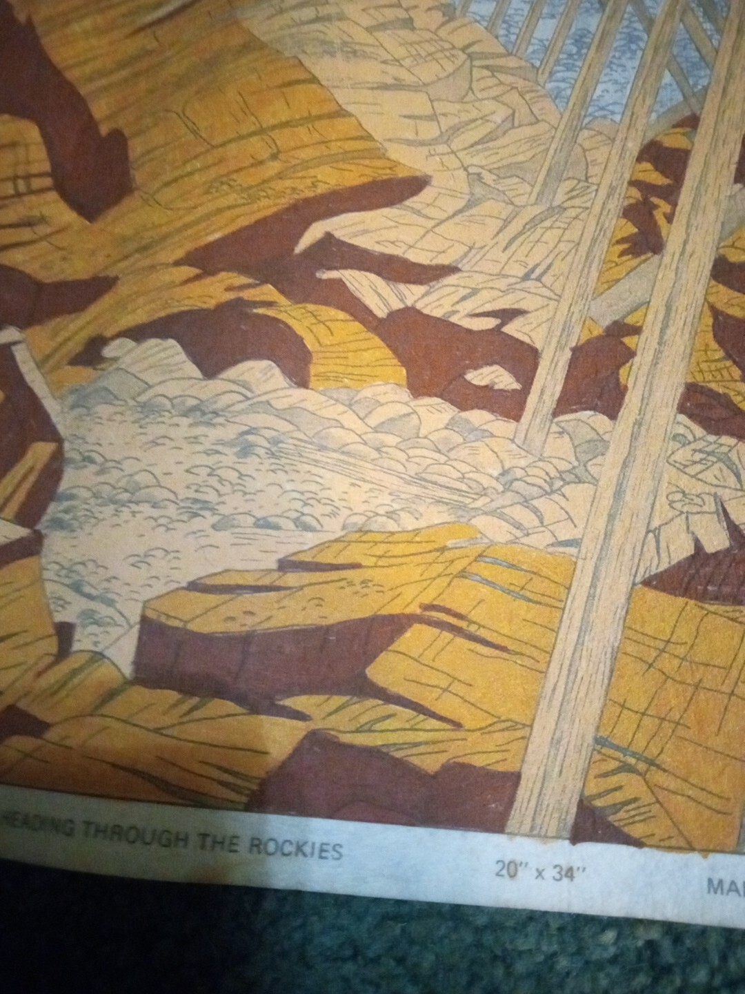 Vintage Heading Through The Rockies Made Printed In The USA Cloth 20×34 Unique
