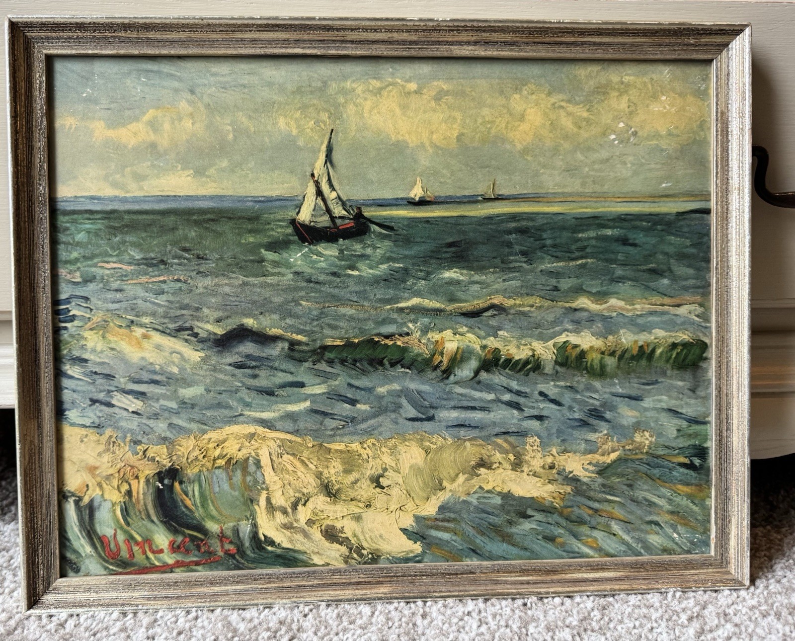 Vintage Framed Reproduction Vincent Van Gogh Oil Painting Seascape Nautical Art