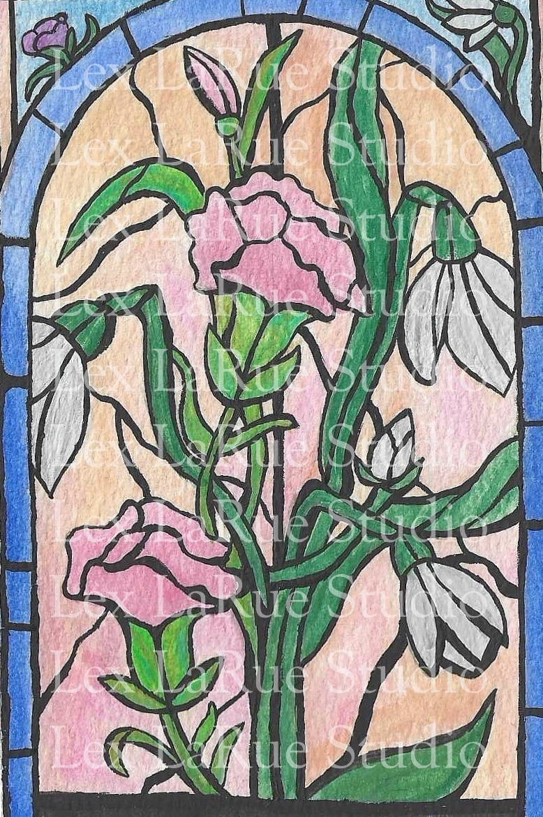 ACEO 2.5×3.5 in. Stained-glass Window Carnations & Snowdrop Flowers SIGNED PRINT