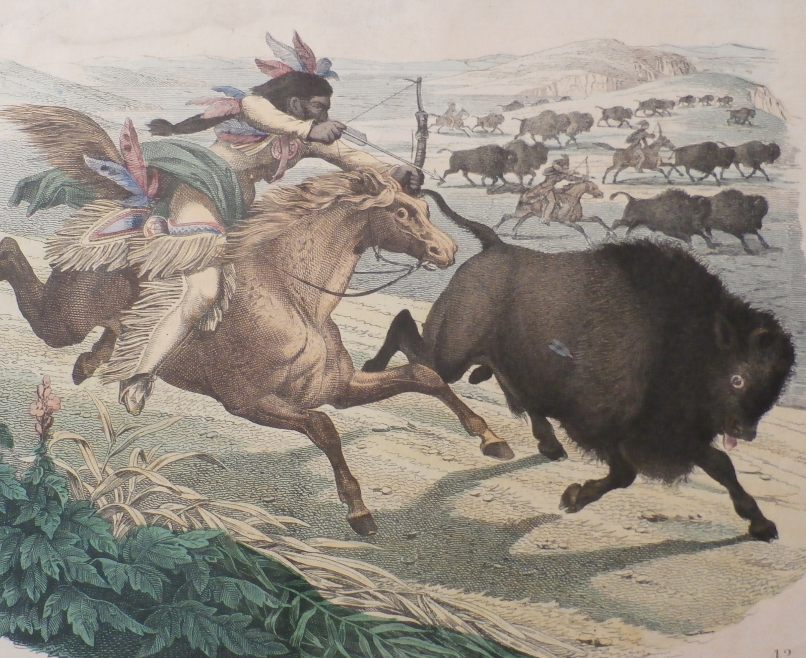 Print of a Native American hunting Buffalo – Bison 1853