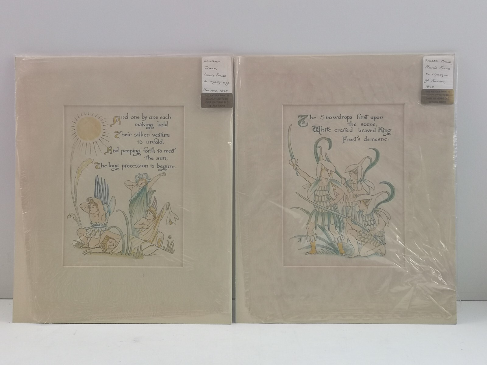 2 x Walter Crane Floras Feast A Masque of Flowers Prints – Antique 1895 15×20 cm