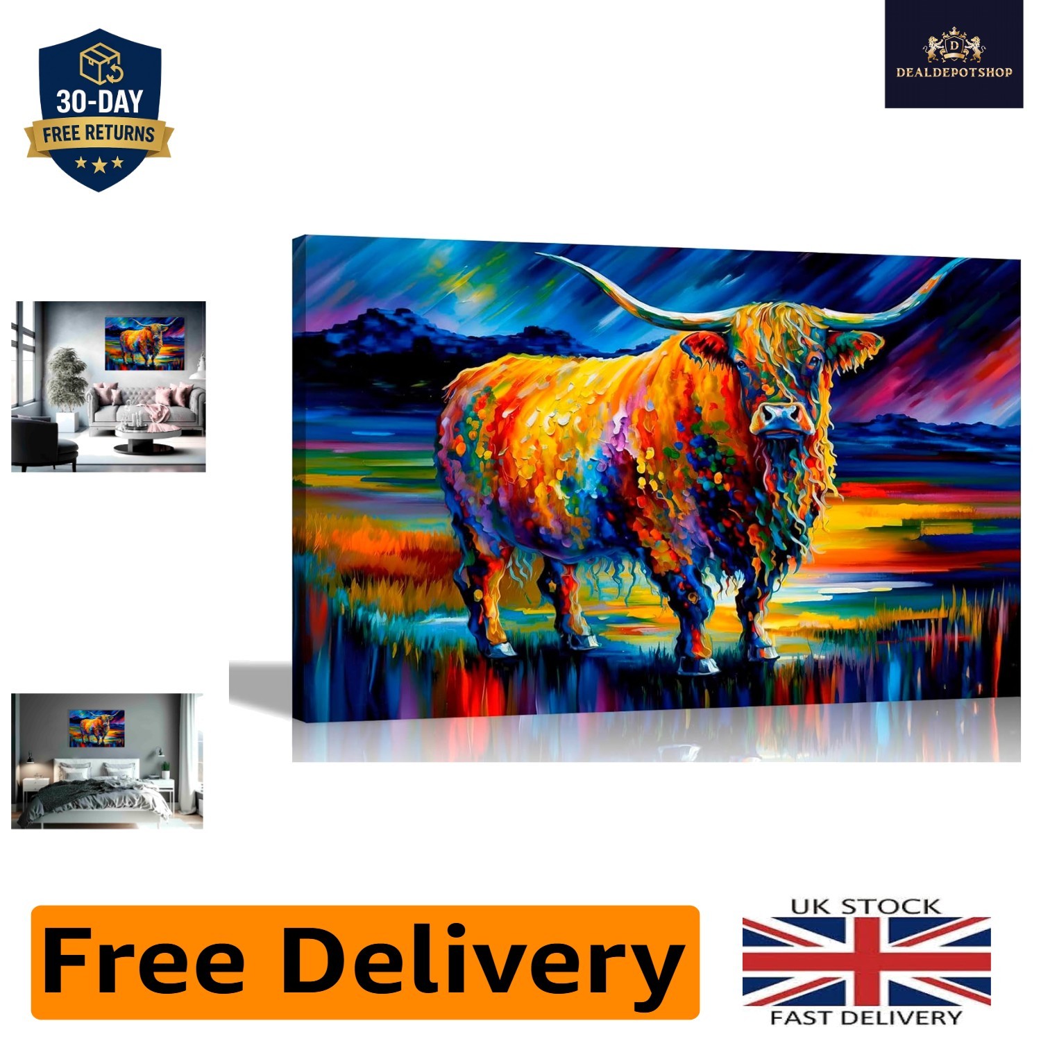 Artistic Highland Cow Canvas Wall Art – Extra Large 101x76cm for Home Decor