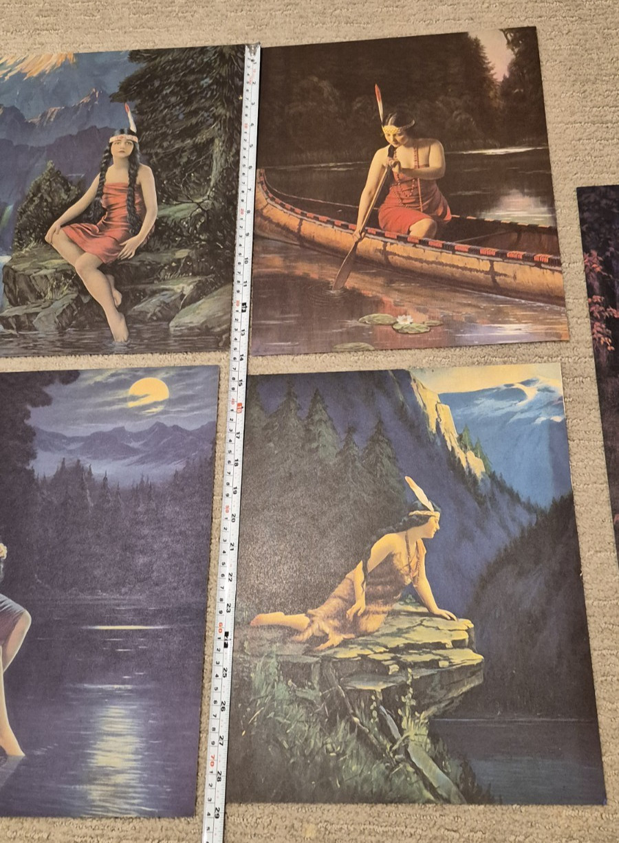 Vintage Native American Indian Woman Prints Canoes Lily Firefly Scenic Pictures