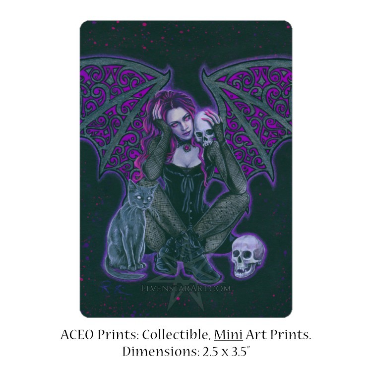 Gothic Fantasy Art ACEO PRINT Bat Wings Purple Skulls Black Cat Spooky Dark Art