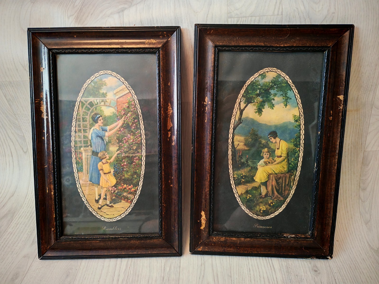 PAIR OF ORIGINAL ANTIQUE 18″ X 11″ FRAMED LITHOGRAPH PRINTS GARDEN MOTHER CHILD