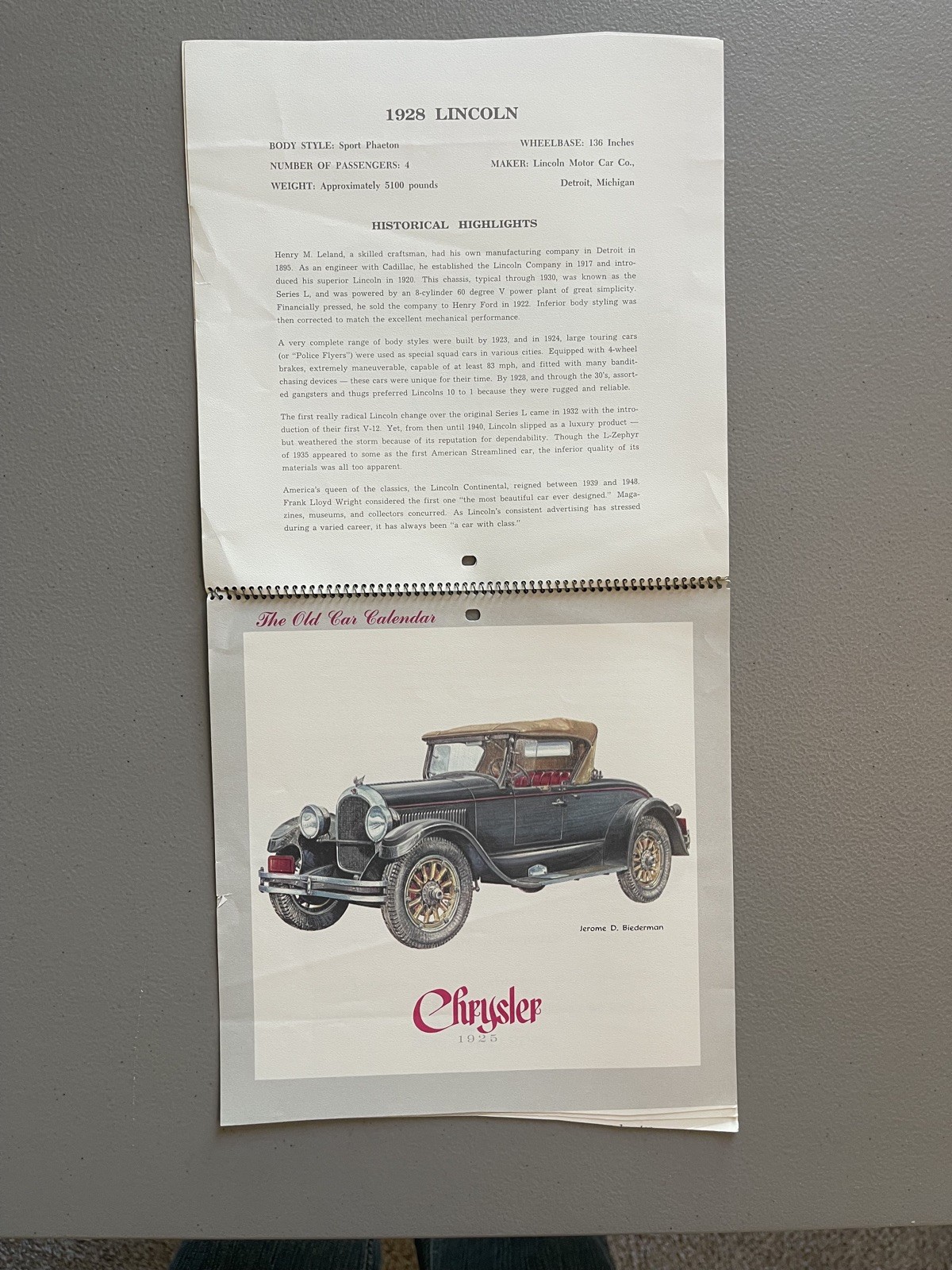 The Old Car Calendar Vintage Bugatti Renault Packard Lincoln (See Photos)