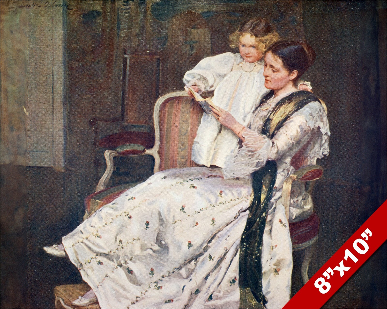 MOTHER READING TO DAUGHTER BEAUTIFUL WOMAN PAINTING ART PRINT ON REAL CANVAS