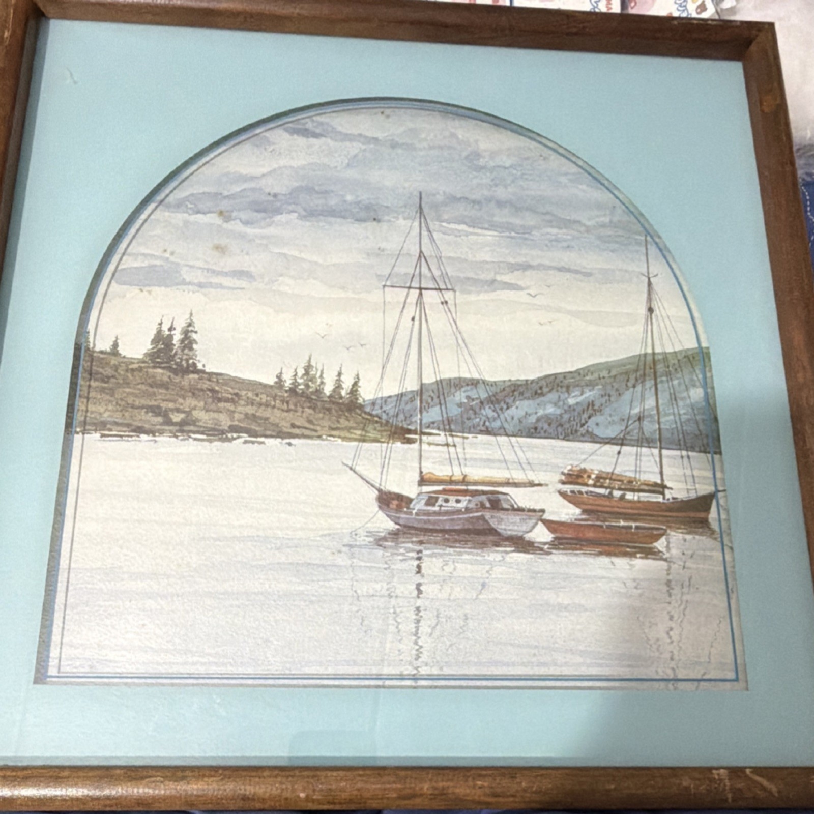 Framed Nautical Boats and Landscape Print, Water Scene, Art Decor