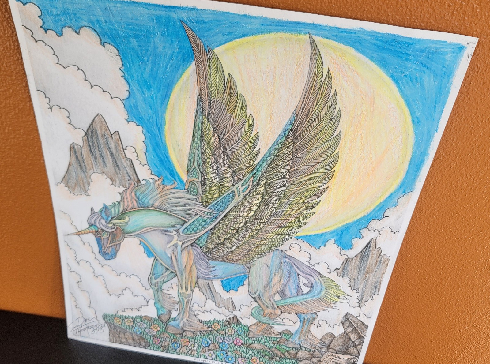 Dan Thompson 2015 Colored & Signed Drawing Pegasus Unicorn Flowers Fantasy 11×14