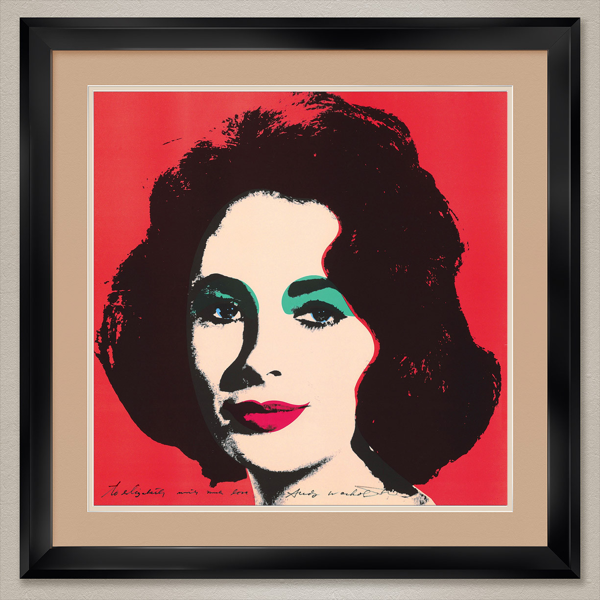35W”x35H”: ELIZABETH LIZ TAYLOR by ANDY WARHOL – DOUBLE MATTE, GLASS and FRAME