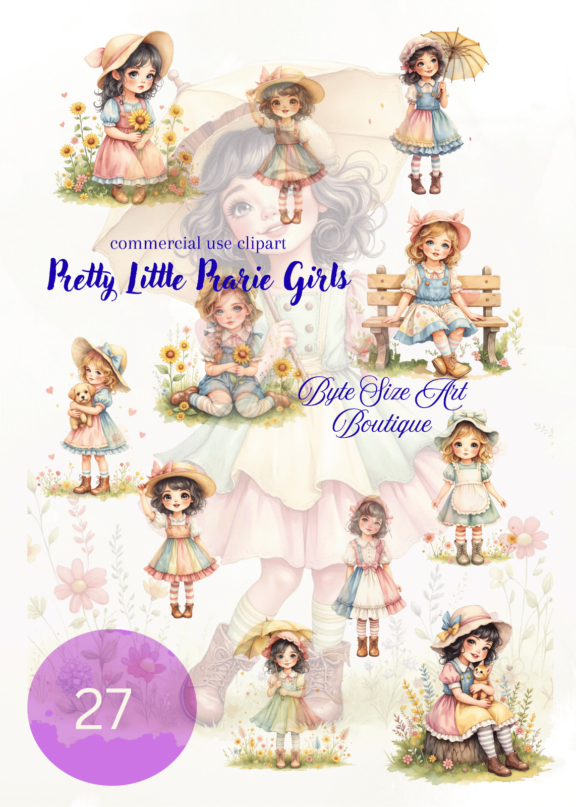 Pretty Little Prairie Girls Watercolor Clipart Bundle-27 Print| Digital Download