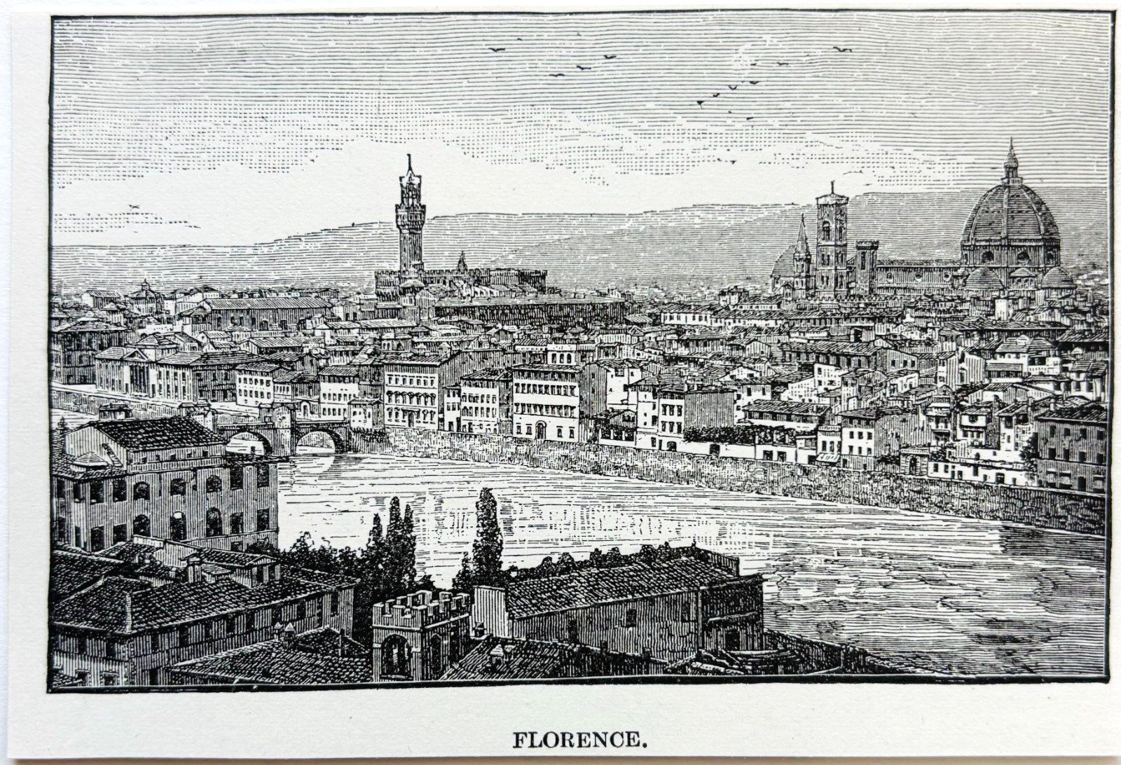 1895 Florence Italy Cityscape Wood Engraving Arno River Victorian Europe A9A