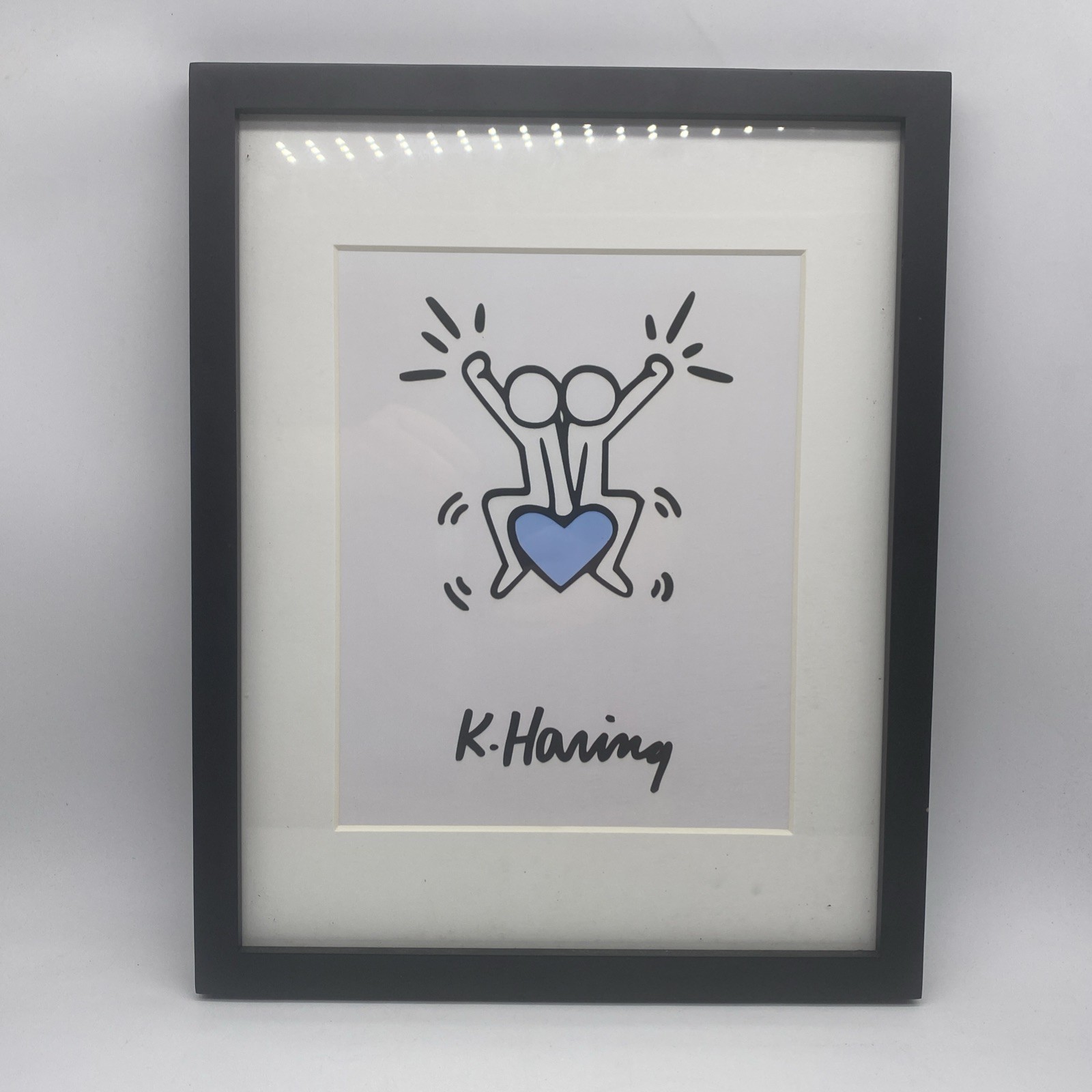 Keith Haring Two Figures Holding Blue Heart Print Framed