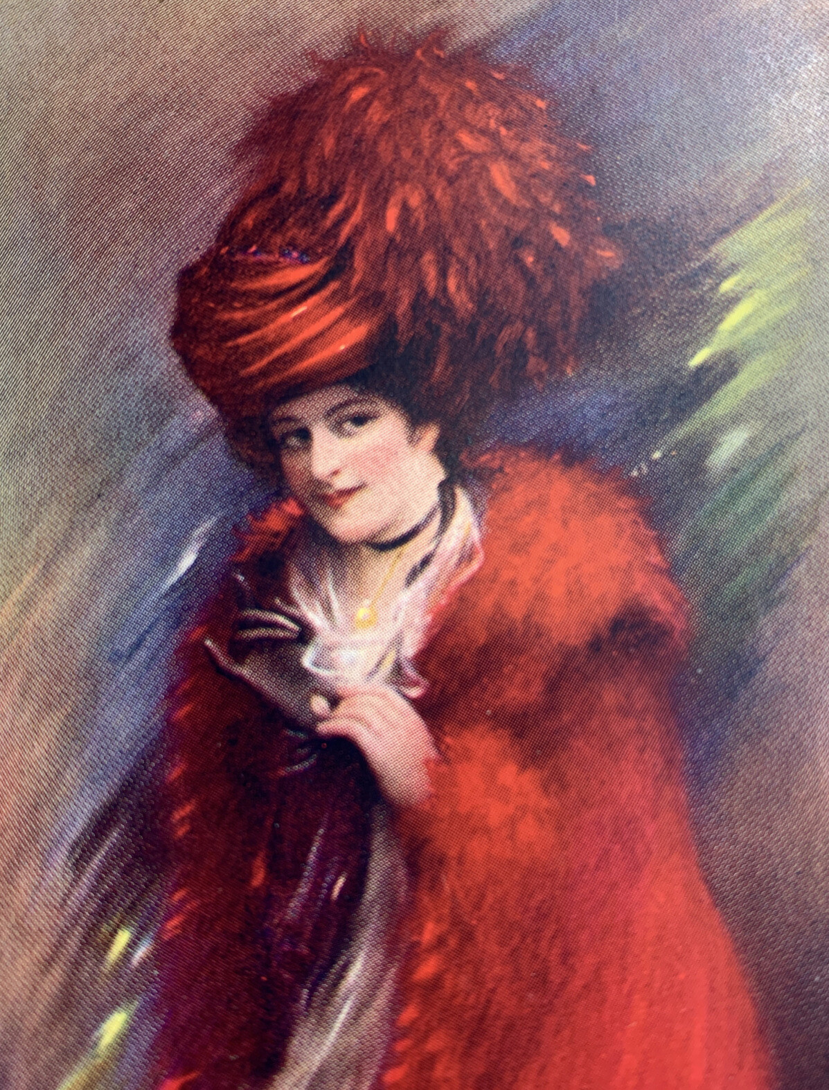 Original Pretty Lady Bryson art Print C 1910s Red Hat Red Dress