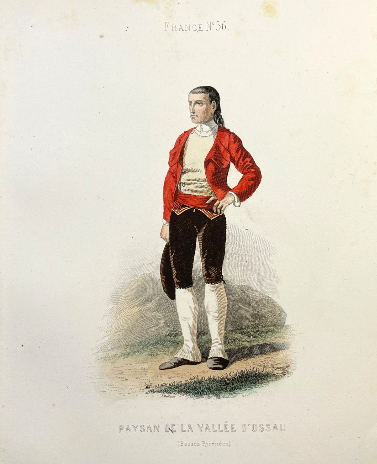 French Costume Fashion Antique Engraving 1850s Hand Colored Peasant Man