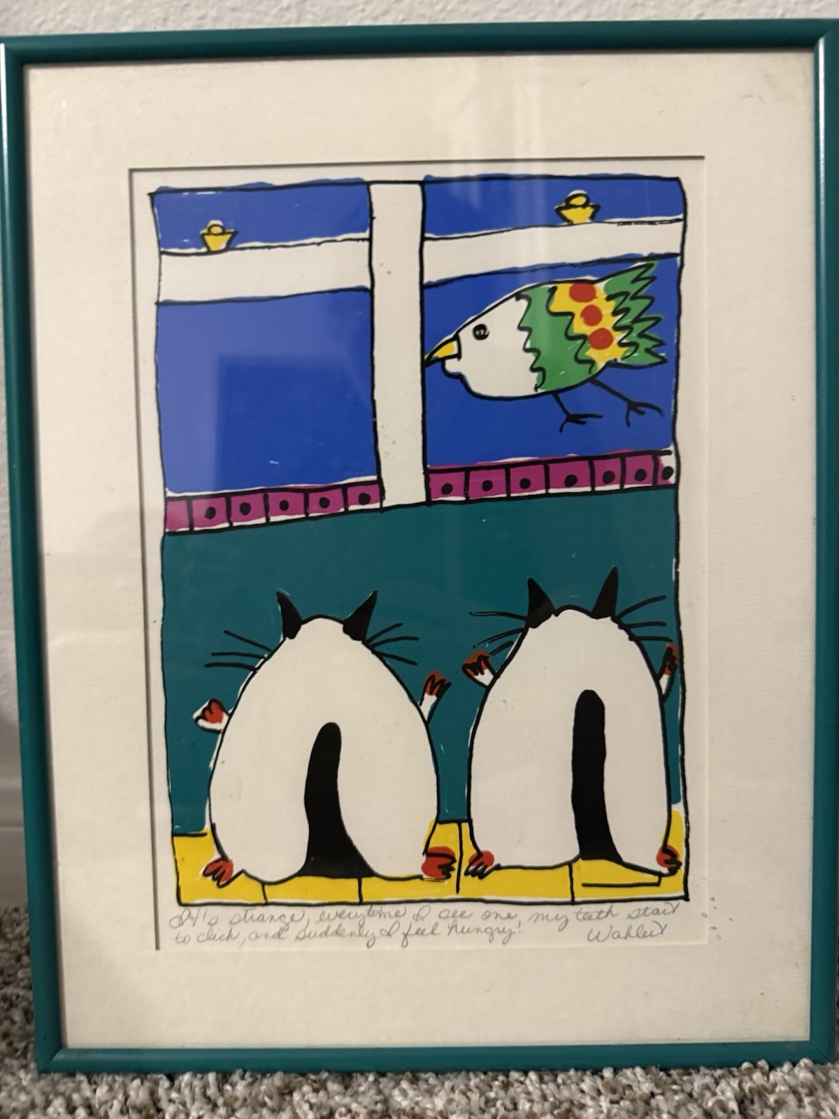 Martha Wahlert Signed Cat Art Print Serigraph Whimsical Bird Framed Captioned