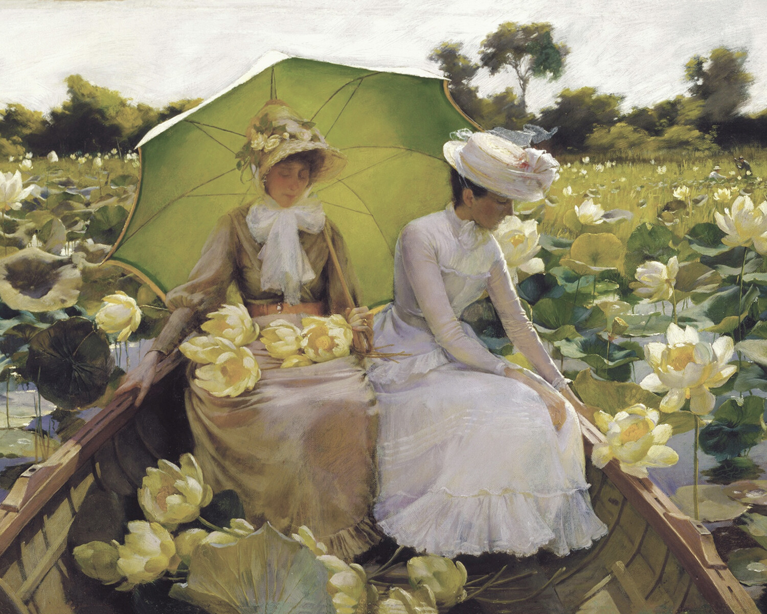 1800s Women on Lily Pond Vintage Painting Giclee Print on Fine Art Paper
