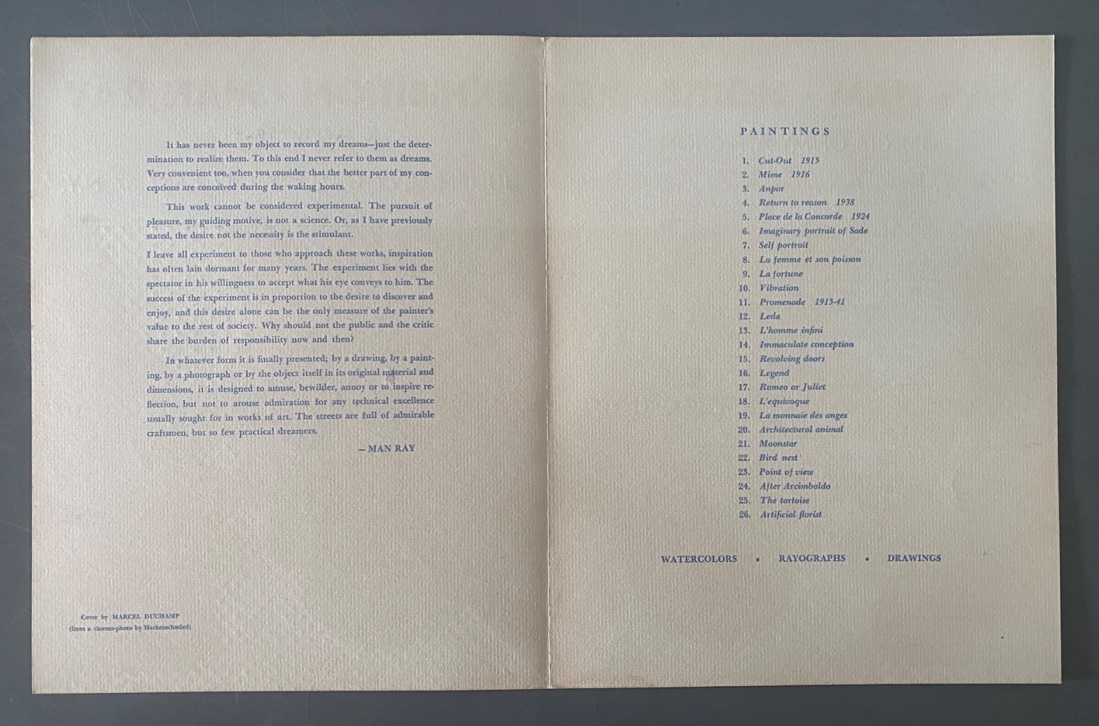 rare 1945 MARCEL DUCHAMP designed exhibition brochure MAN RAY – Julien Levy