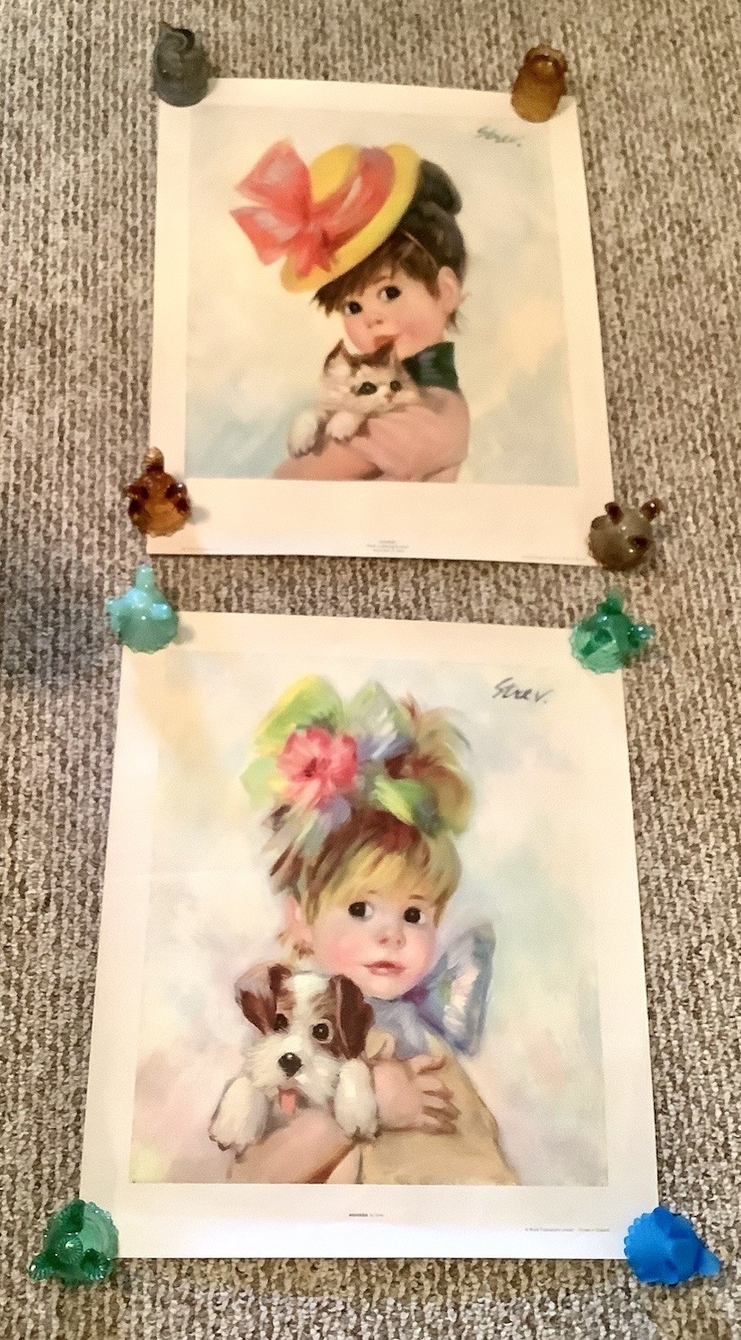Pair of Vintage 1960’s Big-Eyed Girl Prints by John Strevens Signed Kitty Puppy