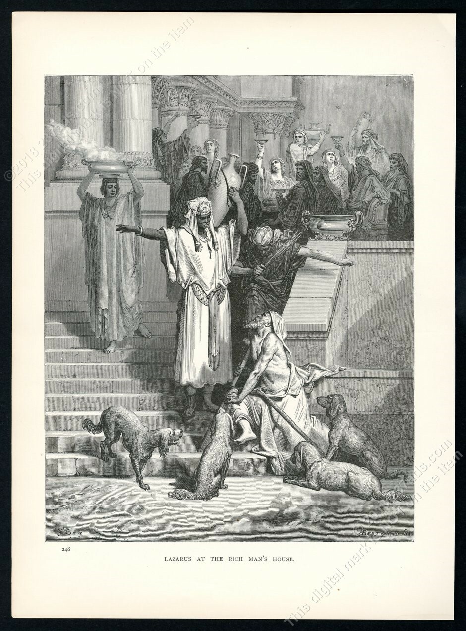 1880 Lazarus at the Rich Man’s House Gustave Dore antique print