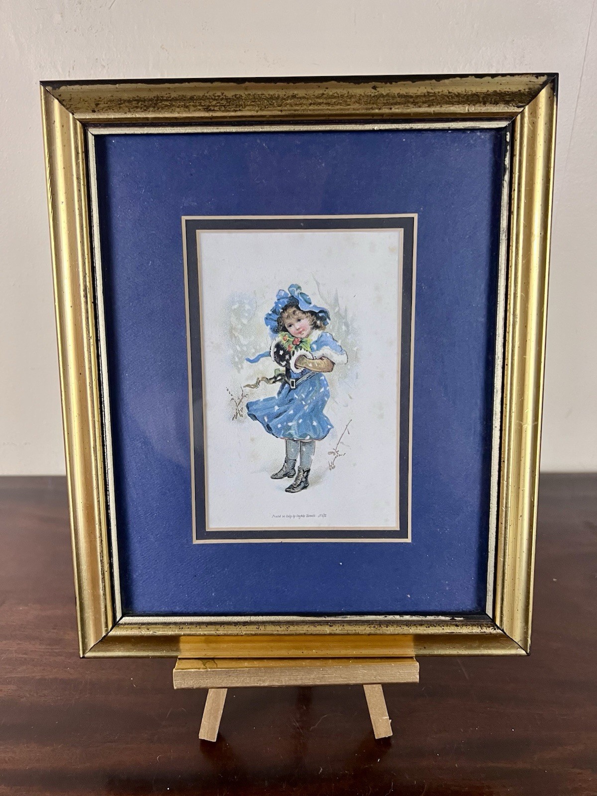 VTG Victorian Girl In Snow Italian Print Matted Framed 11.75″ Patina Holidays