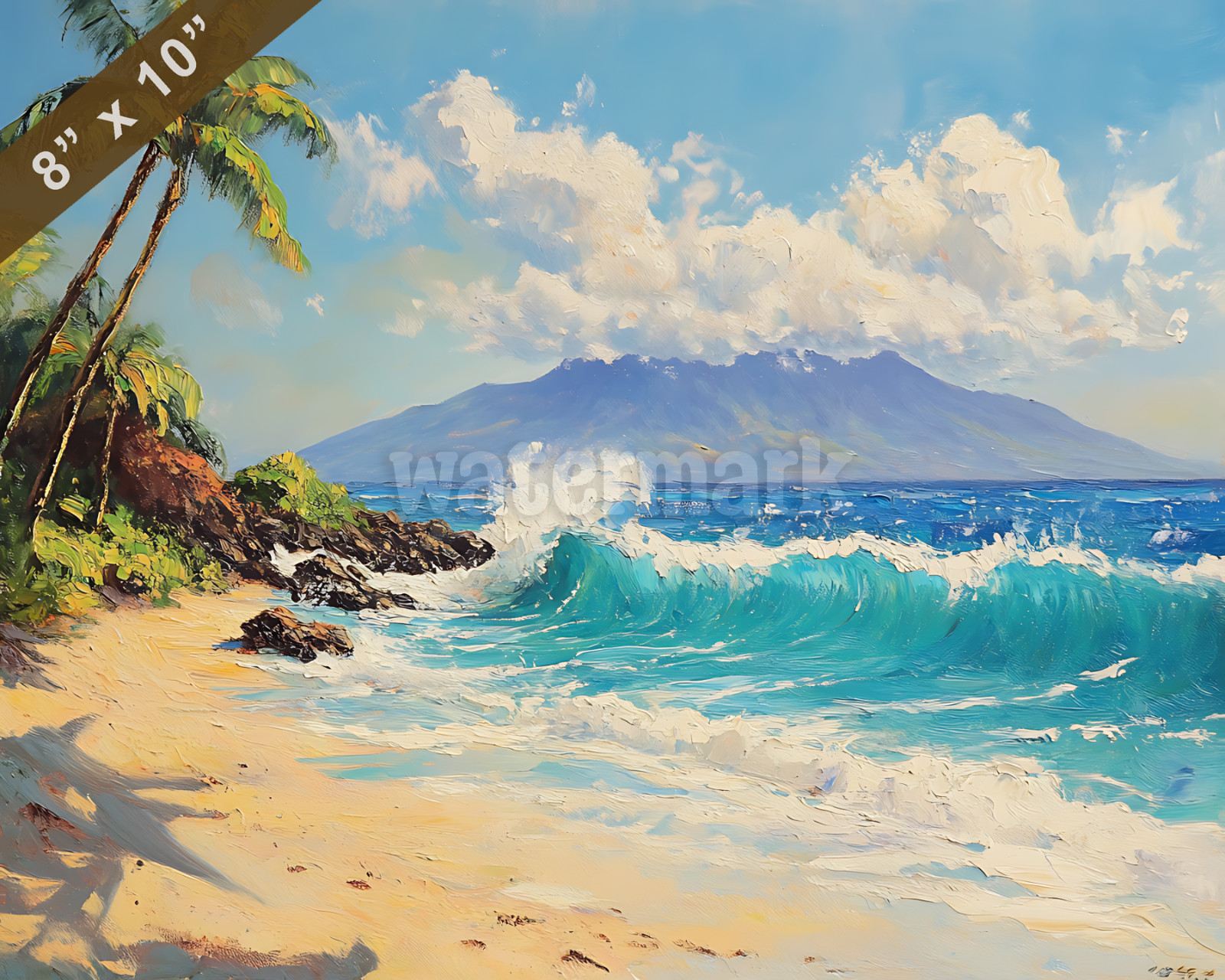 Maui with crashing waves oil painting 8×10 Print