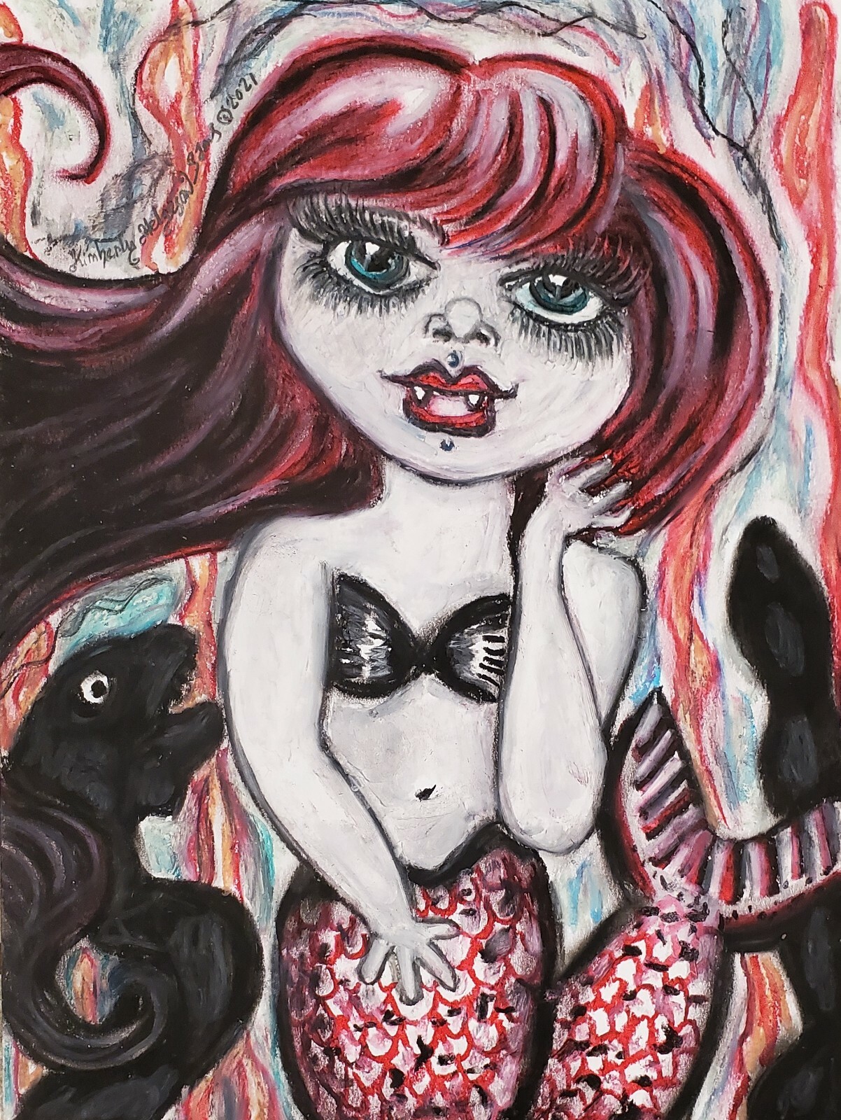 Kimberly Helgeson Sams art print SIGNED 4 x 6 mermaid Midnight Siren Black Eel
